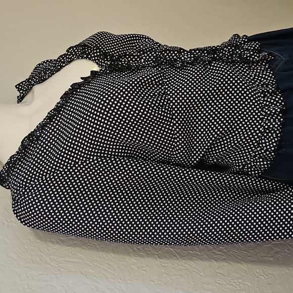 WISHLIST APPAREL Retro Navy Blue Polka Dot Ruffle Button Down Smock Poet Blouse - Picture 7 of 12